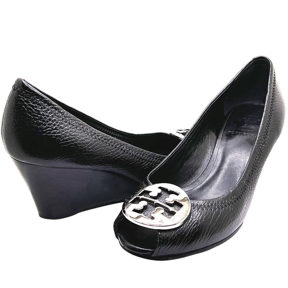TORY BURCH Logo Wedges Heels Pumps Stilettos Leather Black Size 6 - Picture 1 of 5